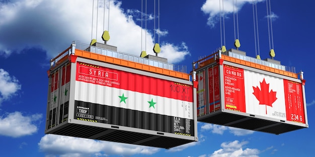 Shipping containers with flags of Syria and Canada 3D illustration