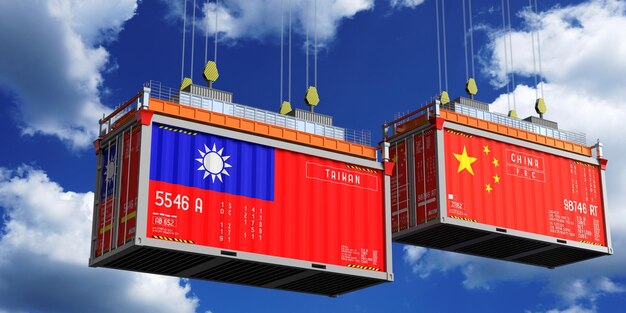 Shipping containers with flags of Taiwan and China 3D illustration