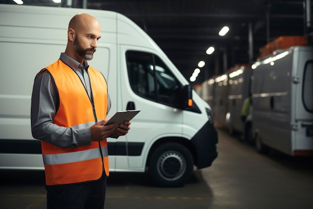 Photo shipping and courier man with his van holding some documents