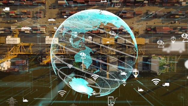 ネットワーク技術の近代化のグラフィックを備えた海運港の空中写真