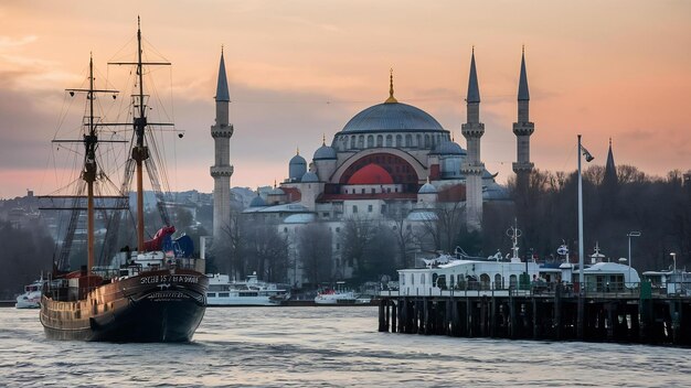 Photo ships in the bosphorus eminonu pier and the suleymaniye mosque istanbul