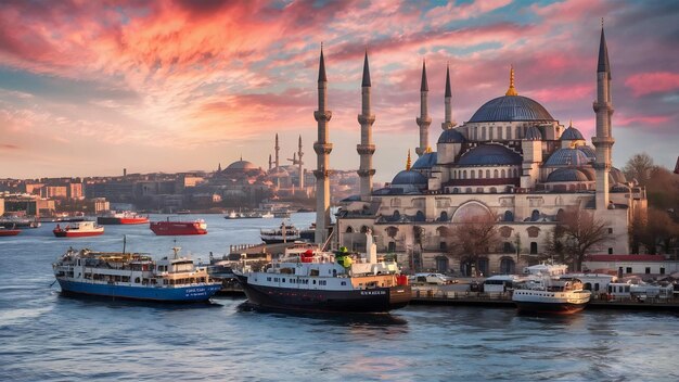 Ships in the bosphorus eminonu pier and the suleymaniye mosque istanbul