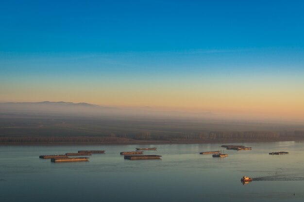 Ships on Danube river in Galati, Romania