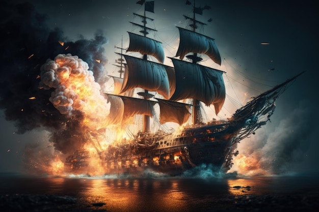 Ships on fire in medieval battleships pirate ships destroyed in cannon battle ai