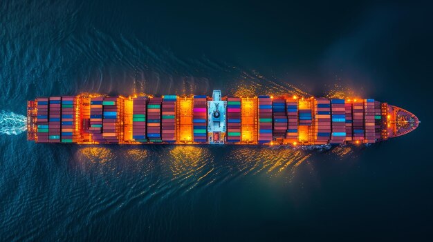 Photo ships in import export and business logistics by crane trade port cargo shipping to harbor aerial view from drone international transportation business logistics concept