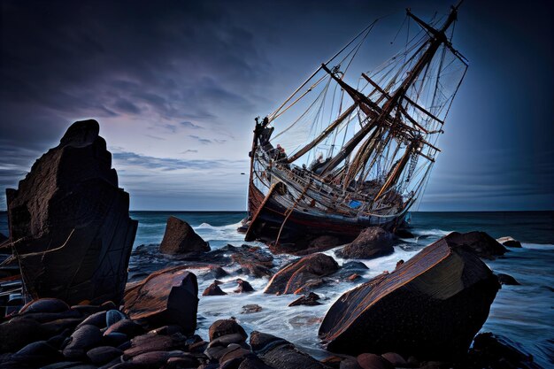 Photo ships mast broken off from impact with rocky shore