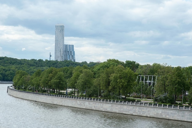 Ships on the Moscow River and the residential complex House on Mosfilmovskaya in Moscow