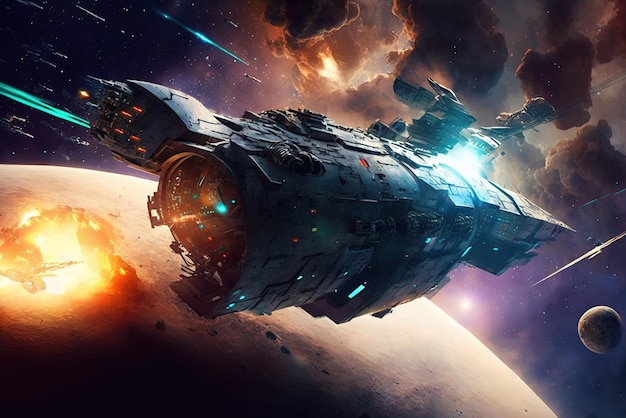 Ships in space battle in the outer space to the galaxy