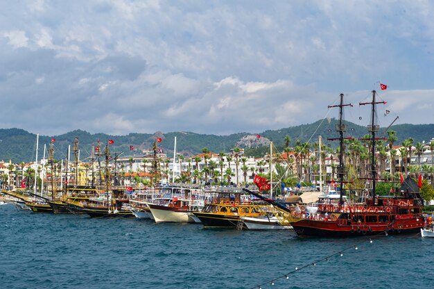 Ships with masts in the bay of Marmaris.Turkey