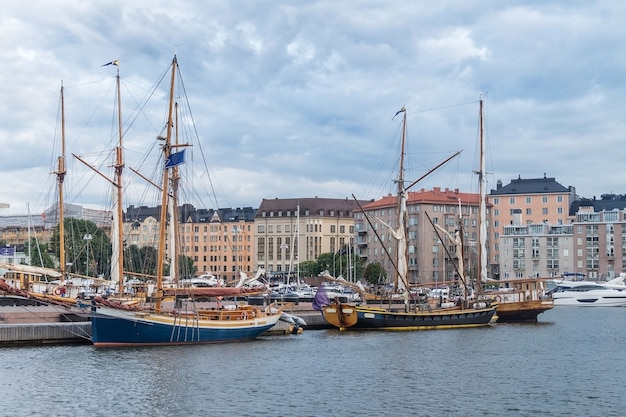 Ships and yachts moored in the harbor of the northern port, helsinki, finland