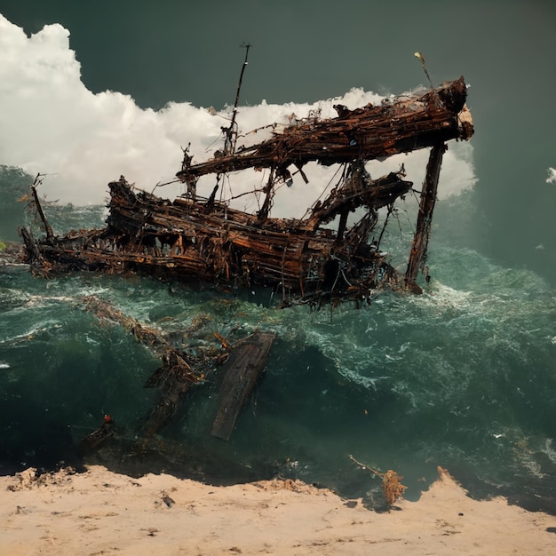 A shipwreck is in the ocean with a wave behind it.
