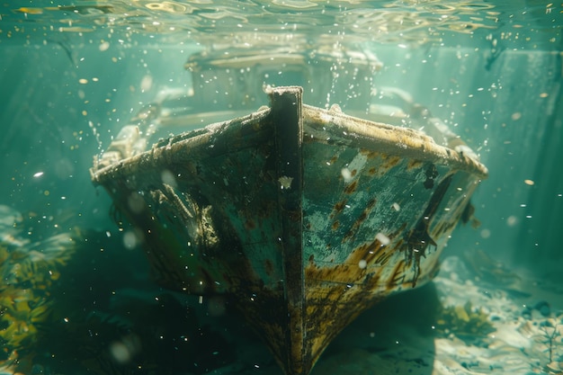 A shipwreck is seen in the ocean with a lot of debris and fish swimming around it scene is eerie and