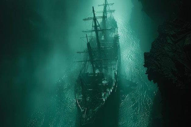 A shipwreck is seen in the ocean with a lot of debris and fish swimming around it scene is eerie and