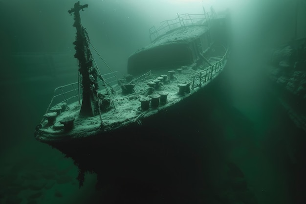 A shipwreck is seen in the ocean with a lot of debris and fish swimming around it scene is eerie and