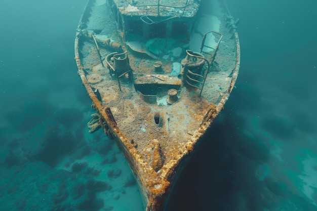 A shipwreck is seen in the ocean with a lot of debris and fish swimming around it scene is eerie and