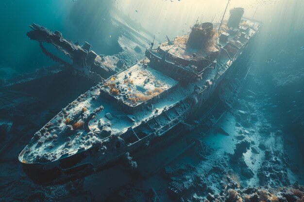 A shipwreck is seen in the ocean with a lot of debris and fish swimming around it scene is eerie and