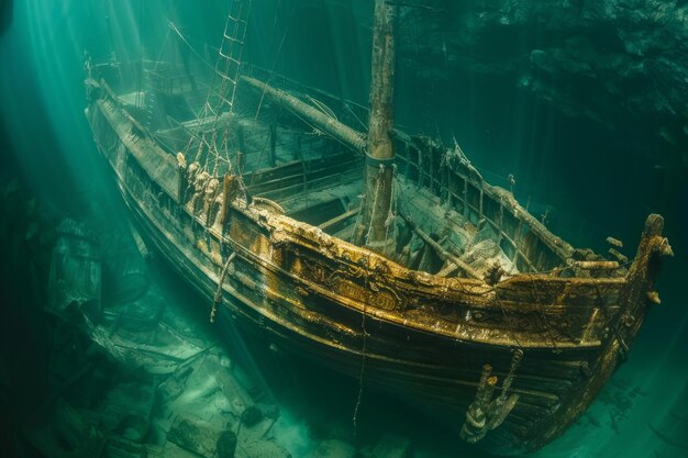 Photo a shipwreck is seen in the ocean with a lot of debris and fish swimming around it scene is eerie and