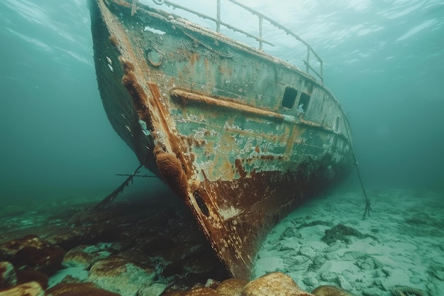 Photo a shipwreck is seen in the ocean with a lot of debris and fish swimming around it scene is eerie and