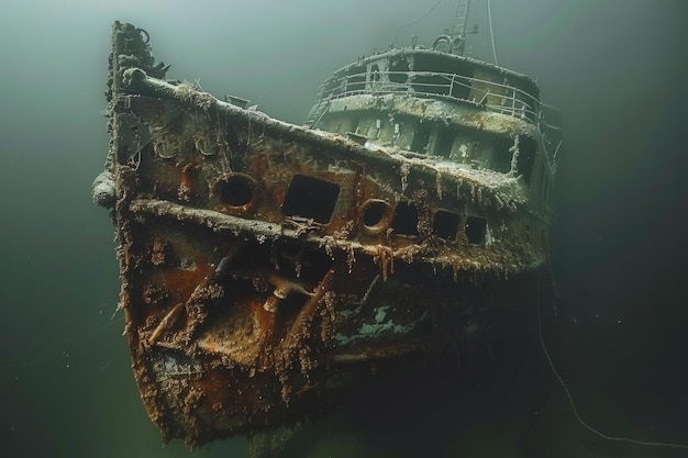 A shipwreck is seen in the ocean with a lot of debris and fish swimming around it scene is eerie and