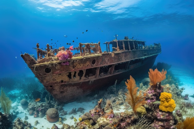 生成 AI で作成された、鮮やかでカラフルなサンゴ礁に囲まれた難破船