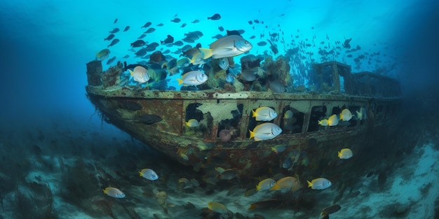 A shipwreck with a lot of fish in it