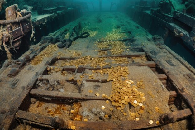 Photo shipwreck with treasure and gold coins visible on the deck created with generative ai