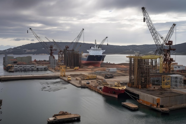 Foto cantiere navale con gru che abbassa la nuova nave nell'acqua