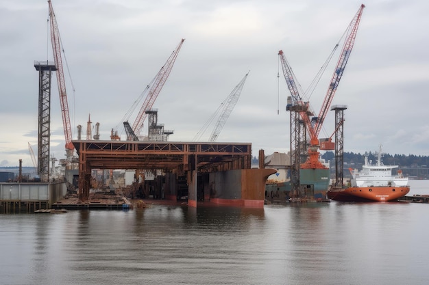 Shipyard with crane lowering new ship into the water