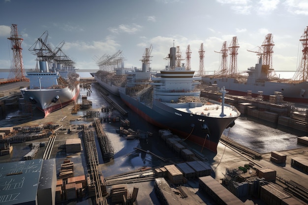 Shipyard with dozens of ships under construction and in various stages of completion