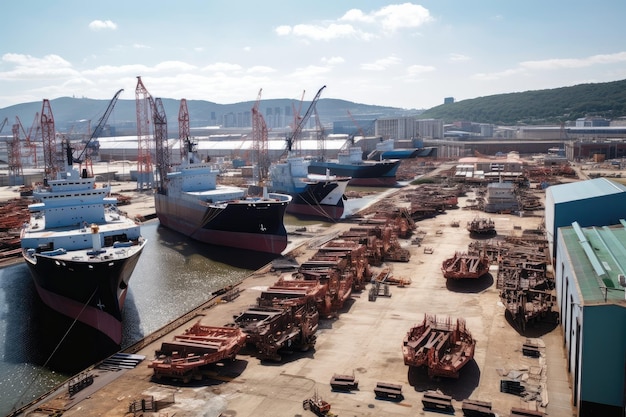Shipyard with rows of ships and submarines under construction