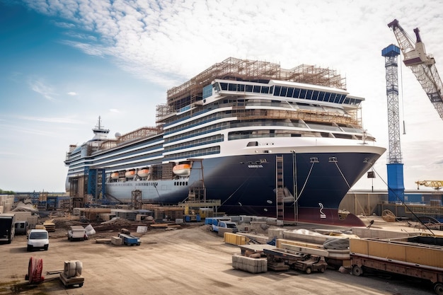 Foto cantiere navale con nave da crociera elegante e moderna in fase di costruzione da zero