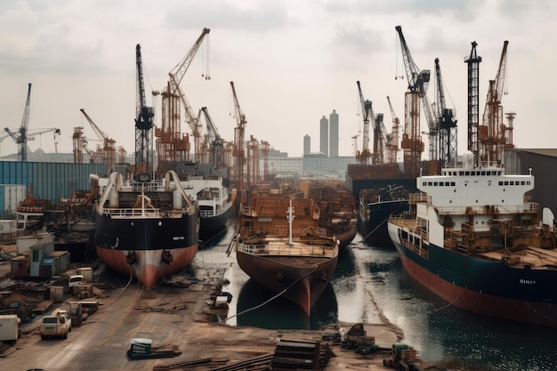 Shipyard with various ships in different states of construction and repair