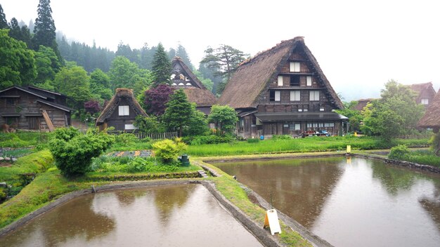 Shirakawa-go dorp in de regenachtige dag en het oude vintage stijlhuis in japan.