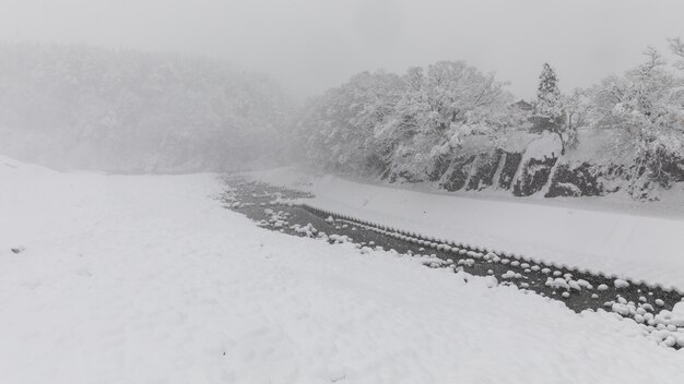 Foto shirakawa va nella stagione delle nevi in giappone