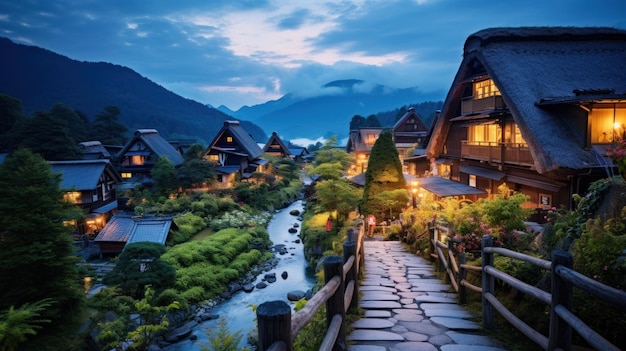 Shirakawago dorp op een besneeuwde dag Shirakawa go39s beroemde gasshosteep zukuri huizen heuveldorp gezichtspunt in besneeuwde winter groothoeklens zonsondergang bij geëerd door UNESCO