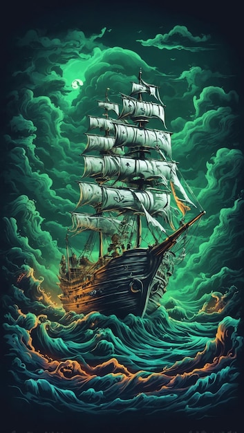 Shirt design illustration of Ghost ship Halloween with swirling clouds