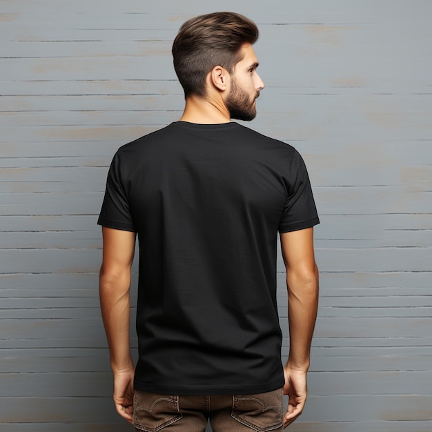 Shirt design and people concept closeup of young man in blank black tshirt front and rear isolated