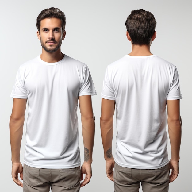 Shirt design and people concept closeup of young man in blank white tshirt front and rear isolated