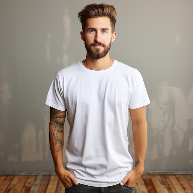 Shirt design and people concept closeup of young man in blank white tshirt front and rear isolated