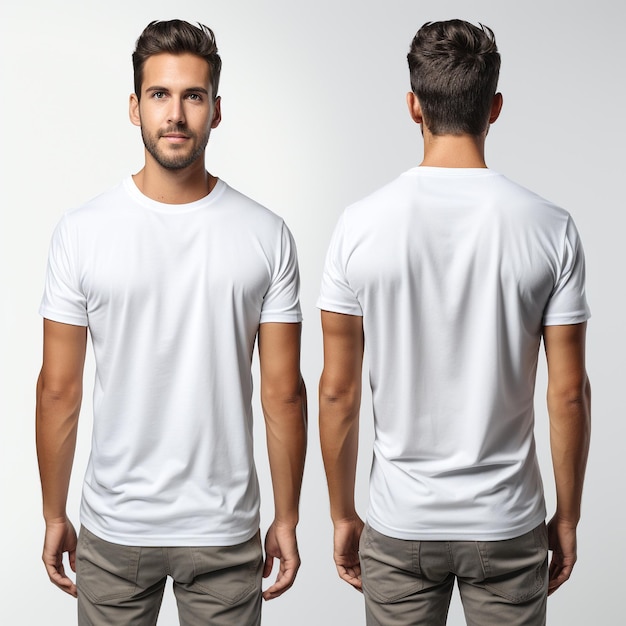 Shirt design and people concept closeup of young man in blank white tshirt front and rear isolated