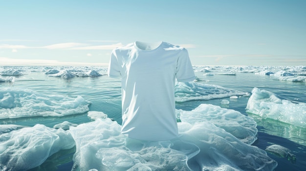 a shirt is sitting on ice in front of an iceberg