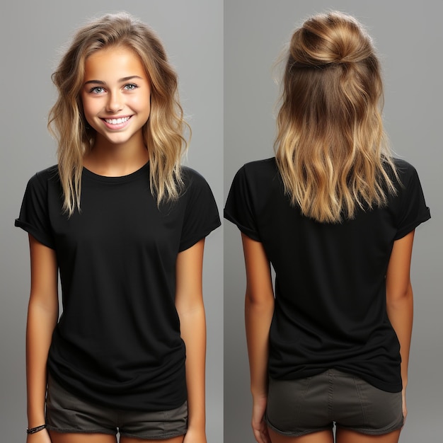 Shirt ontwerp en mensen concept close-up van jong meisje in lege zwarte t-shirt voor en achter geïsoleerd