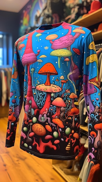 A shirt that has the word mushroom on it