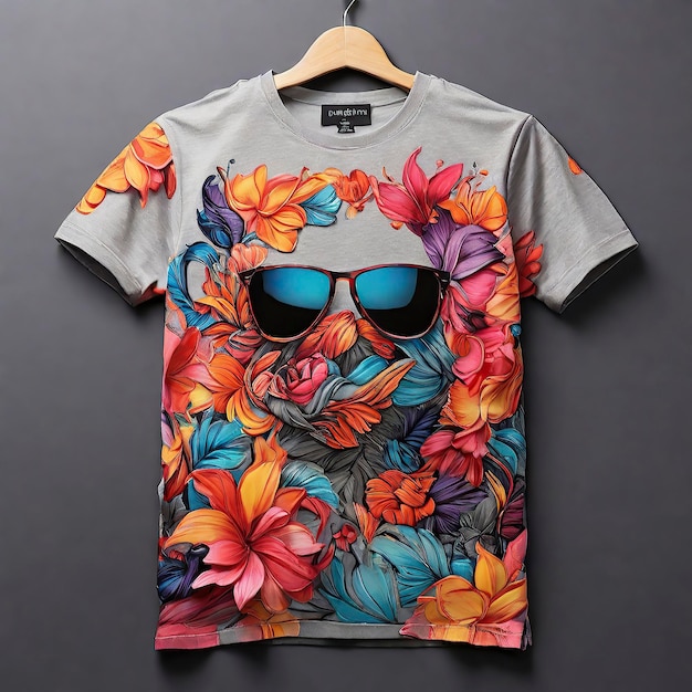 a shirt with flowers on it and a pair of sunglasses on it