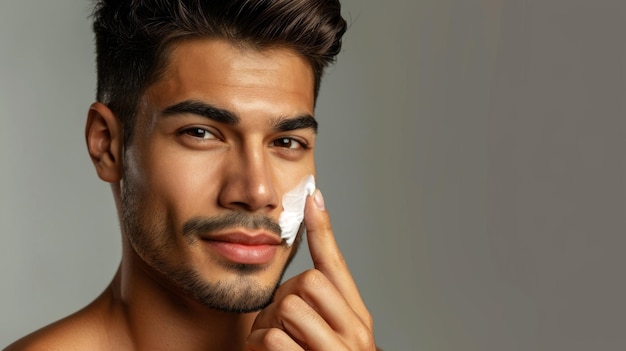 shirtless man applying shaving cream to his face preparing to shave