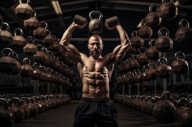 A shirtless man demonstrates strength and balance as he holds two kettles during his gym workout Man triumphantly lifting heavy kettlebells in the gym AI Generated