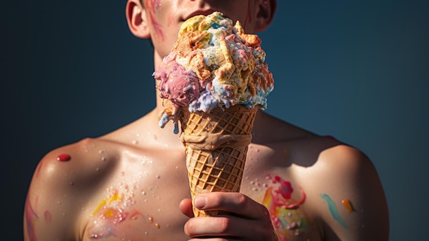 A shirtless man eating an ice cream cone with sprinkles