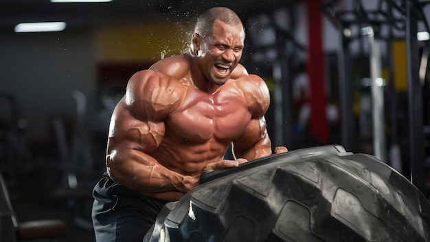 Shirtless man flipping heavy tire