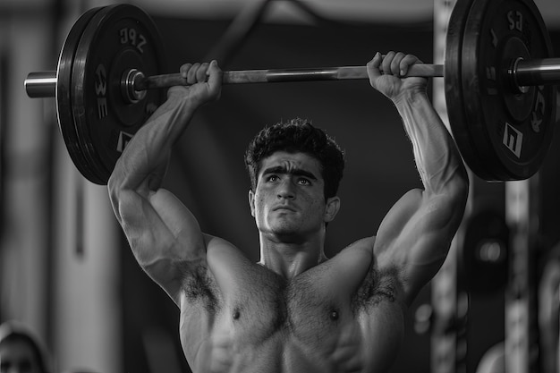 A shirtless man lifting a barbell in a gym