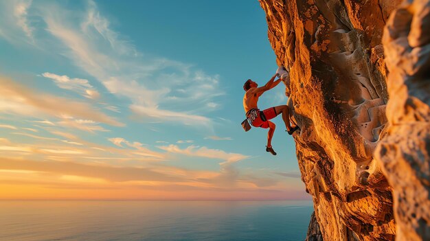 A shirtless man rock climbing on a steep cliff face with the ocean below The sky is a mix of blue and orange